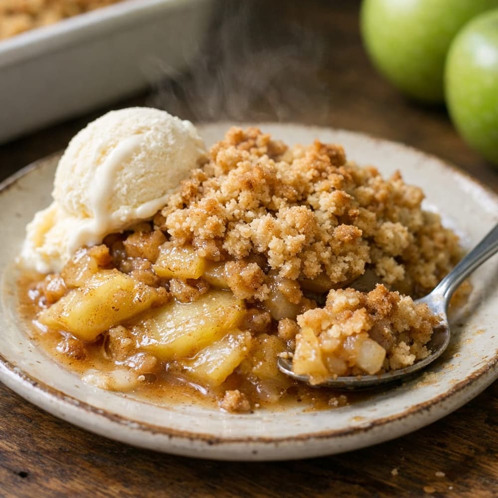 A serving of apple crisp with a scoop of vanilla ice cream, golden crumb over soft cinnamon apples, green apples behind